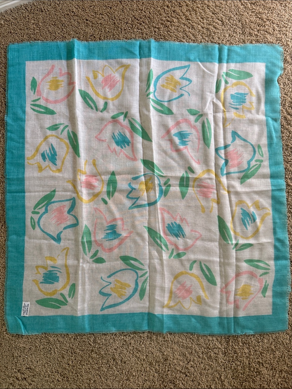 Floral Square Scarf in Teal, Pink, Yellow & Green made in Japan vintage NEW